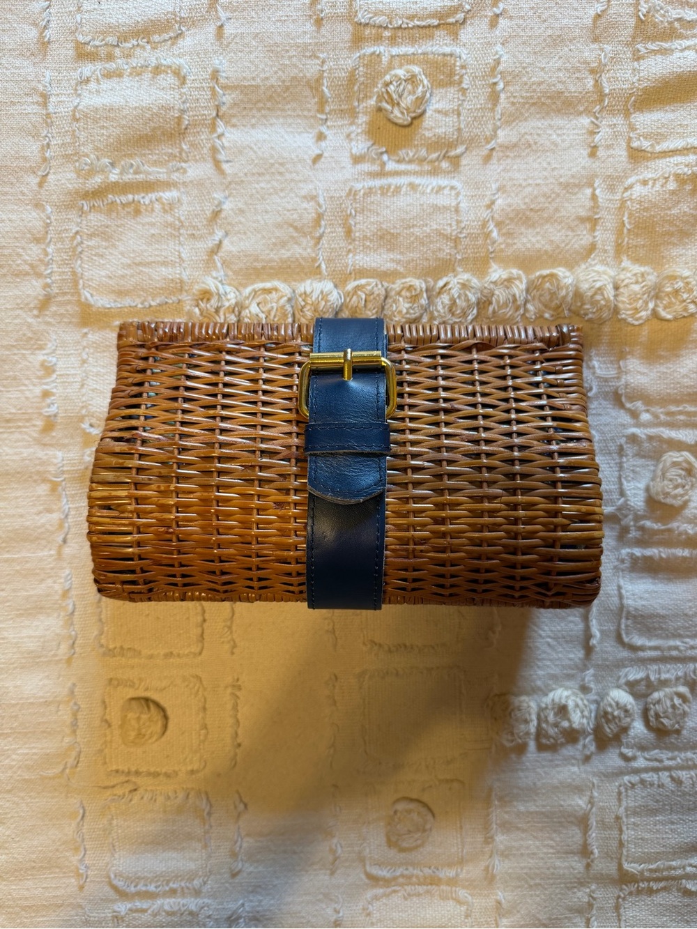 Woven Rattan Clutch with Navy Leather Strap